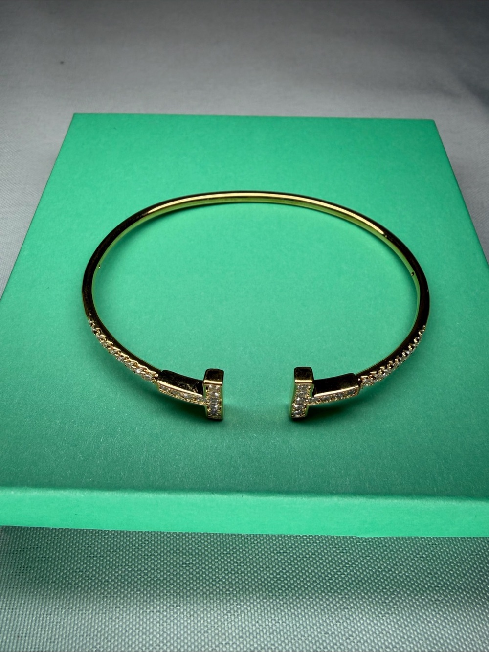 Gold Pavé T-Bar Open Cuff Bracelet with Clear Crystals - Picture 2 of 5